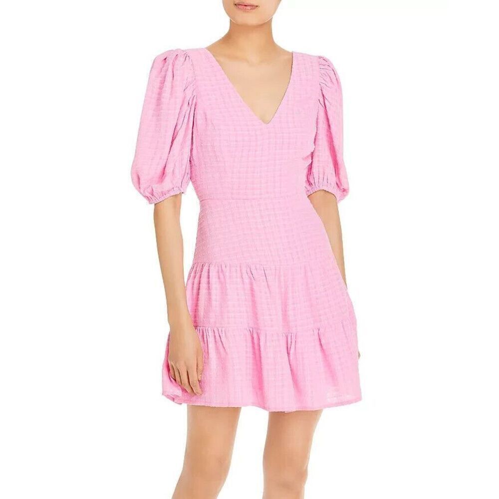 French Connection Birch Dress Size 12 Pink‎ Puff Sleeve V Neck Tiered Cutout NEW